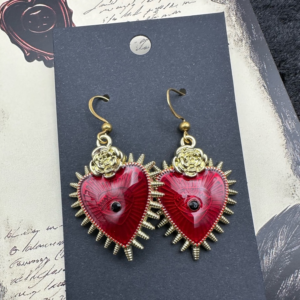 Gold Red Sacred Heart Evil Eye Earrings